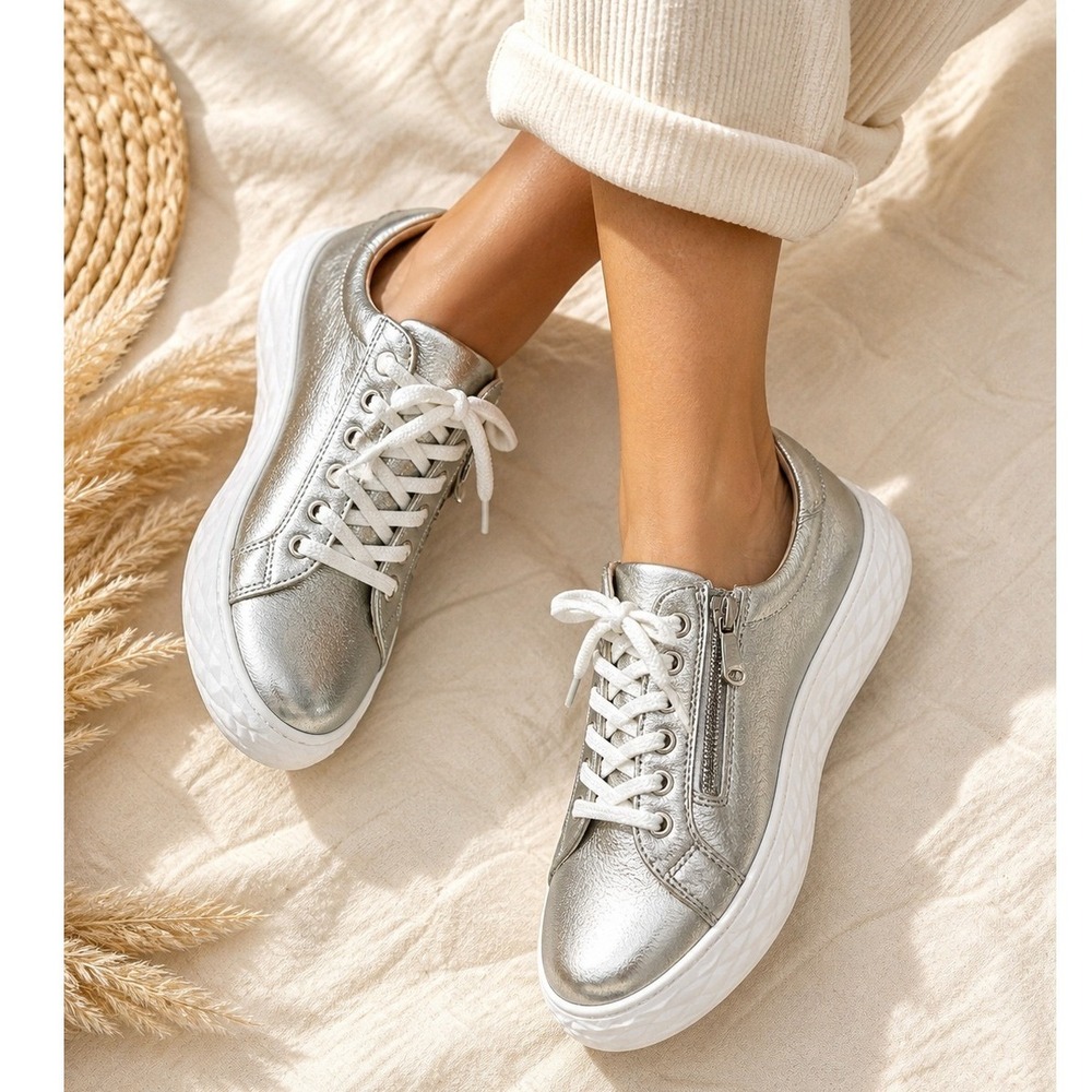 Sole Bliss Star Silver Metallic Leather Platform Zip Sneakers Womens 38 Italy